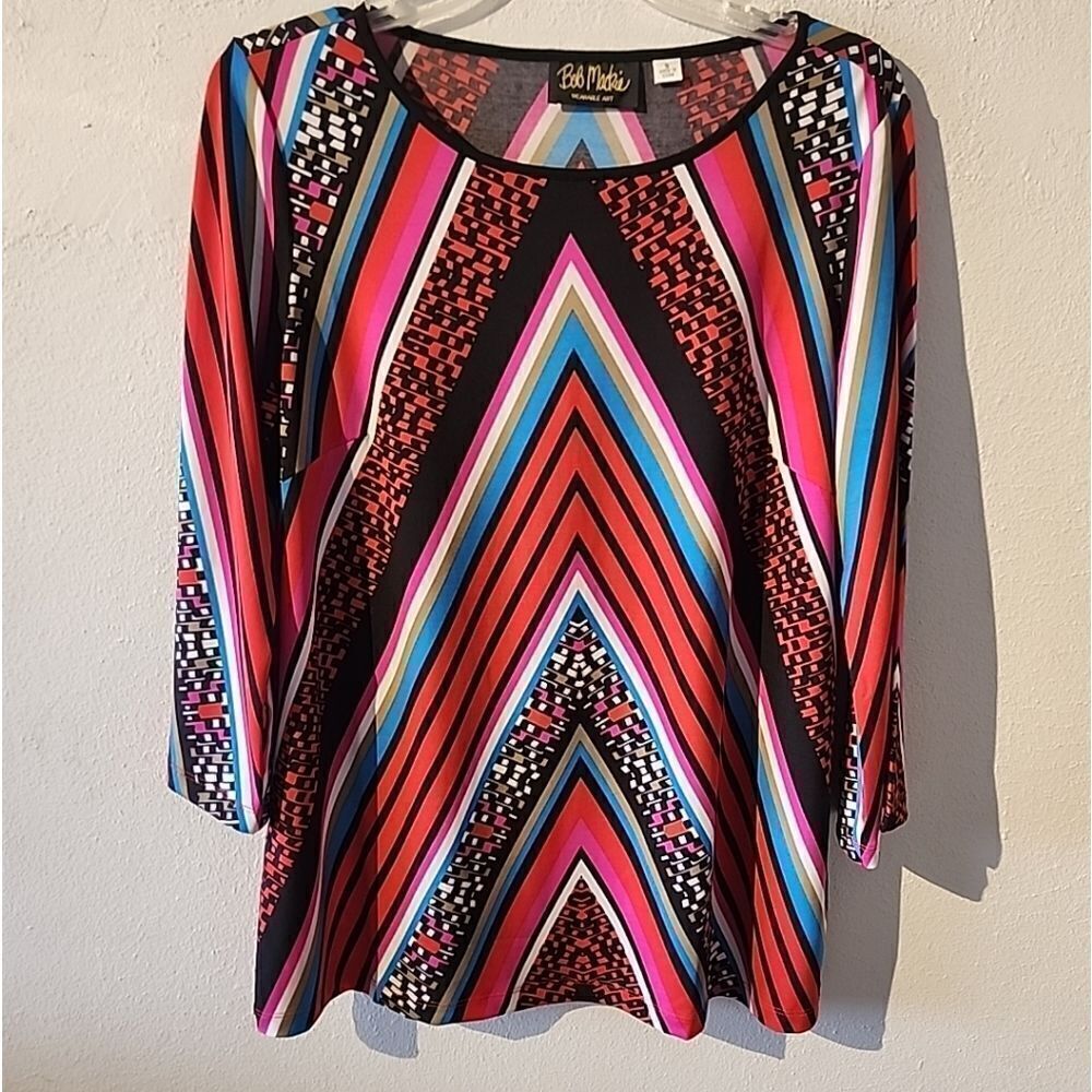 Bob Mackie boat neck 3/4 sleeve stripes geometric print colorful blouse small S